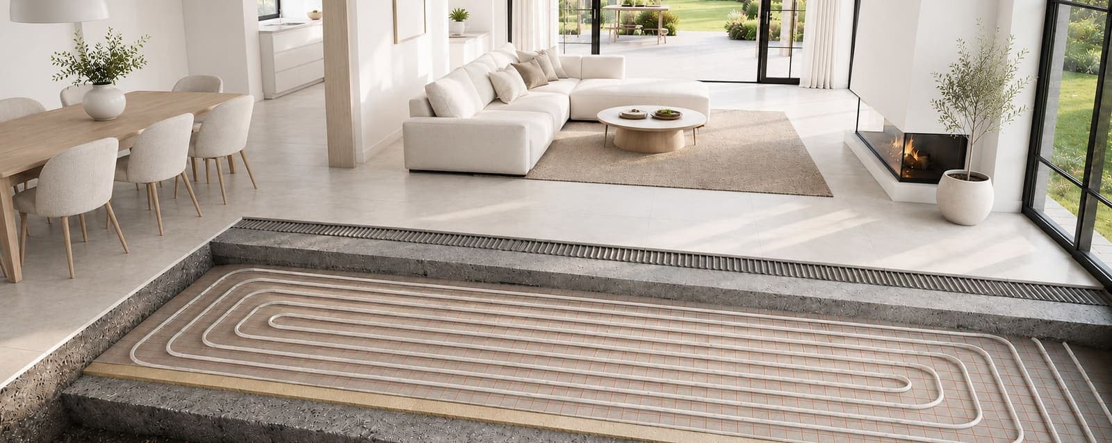 Doorsnede van een afgewerkte vloer: van betonplaat en vloerverwarming tot de tegelvloer, in een modern interieur