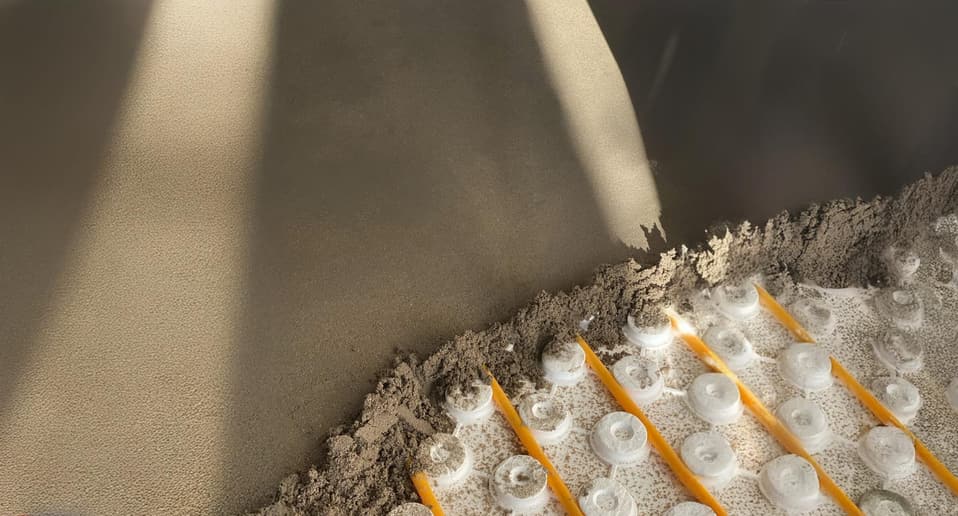 Chape die over de buizen van de vloerverwarming wordt uitgevlakt